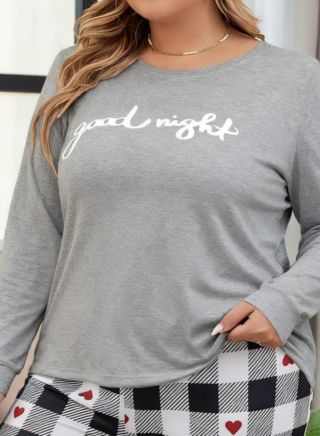 Take Two grey Plus Size Slogan Printed Top and Checked Pyjama Set for Women | Best Price UAE